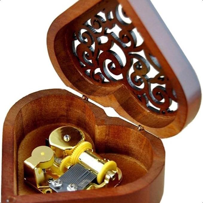 Antique Engraved Wooden Wind-Up Musical Box,Over The Rainbow Musical Box,with Gold-Plating Movement in,Heart-Shaped