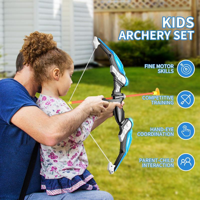 2 Pack Bow and Arrow  -Light Up Archery Toy Set -includes 2 Bows, 20 Suction Cup Arrows & 2 Quivers & Standing Target, Outdoor Toys