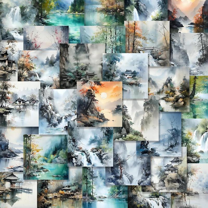 Watercolor Landscape Pattern Sticker, 54pcs set Waterproof Self Adhesive DIY Sticker, Decor Sticker for Gift Greeting Card Water Bottle Laptop Phone