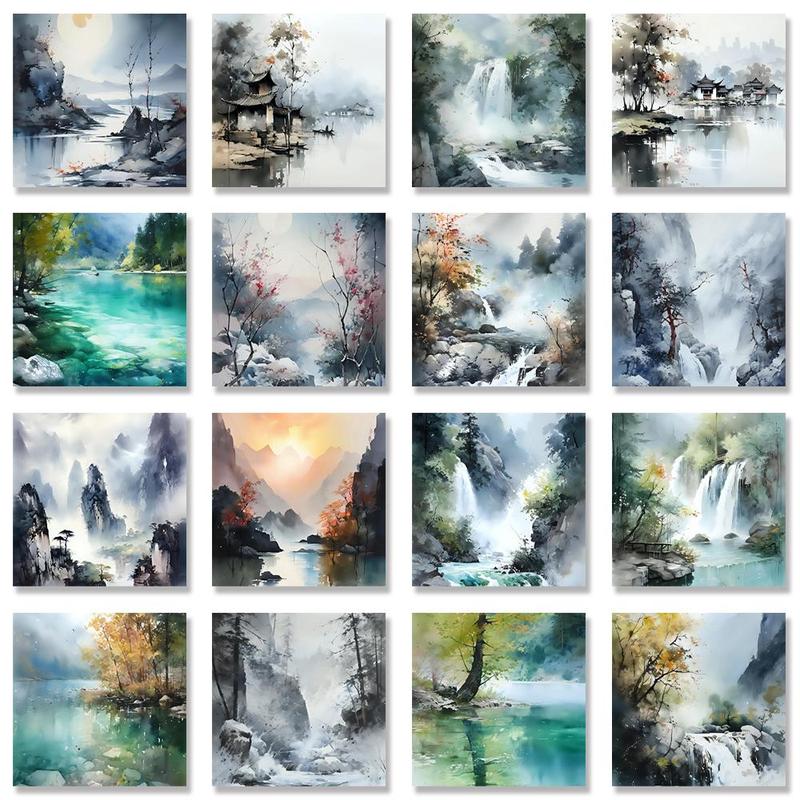 Watercolor Landscape Pattern Sticker, 54pcs set Waterproof Self Adhesive DIY Sticker, Decor Sticker for Gift Greeting Card Water Bottle Laptop Phone