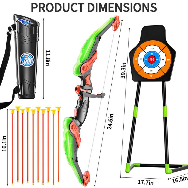 2 Pack Bow and Arrow  -Light Up Archery Toy Set -includes 2 Bows, 20 Suction Cup Arrows & 2 Quivers & Standing Target, Outdoor Toys