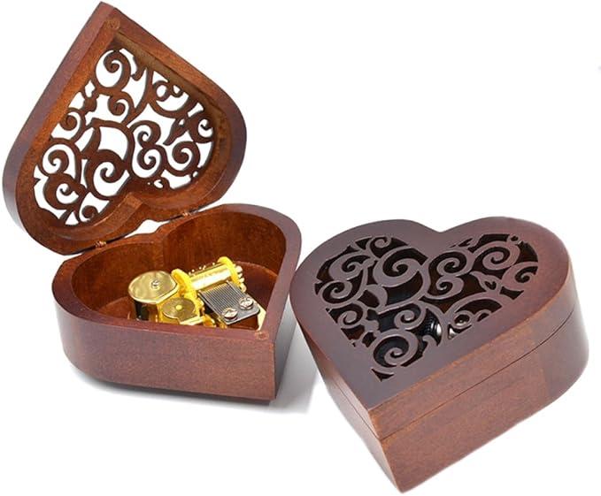 Antique Engraved Wooden Wind-Up Musical Box,Over The Rainbow Musical Box,with Gold-Plating Movement in,Heart-Shaped