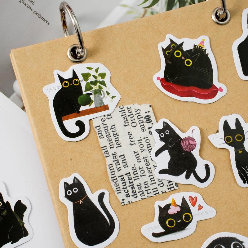 Cartoon Black Cat Decorative Stickers, 46 Sheets Cute Pet DIY Stickers for Handbook, Scrapbooking, Stationary Decor, Decoration Stickers Toys, Self-adhesive Naughty Stickers Gifts for Students