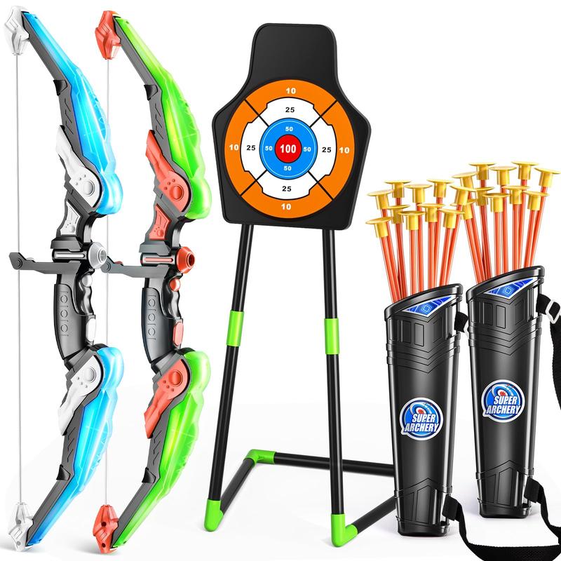 2 Pack Bow and Arrow  -Light Up Archery Toy Set -includes 2 Bows, 20 Suction Cup Arrows & 2 Quivers & Standing Target, Outdoor Toys