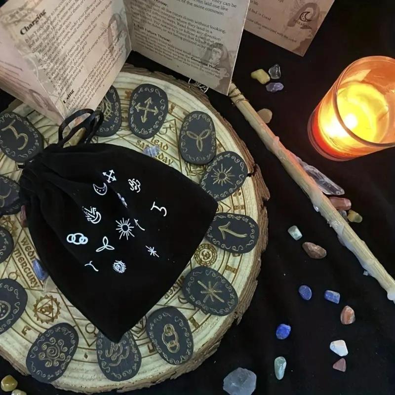 Witch Runes Set with Instructions and Special Rune Storage Bag, 14pcs set Divination Healing Alchemy Woodcut Meditation Altar Game Cards, Home Decor, Runes for Beginners, Gaming Gift, Room Decor, Boyfriend Gift