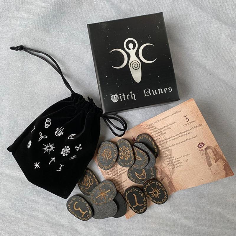 Witch Runes Set with Instructions and Special Rune Storage Bag, 14pcs set Divination Healing Alchemy Woodcut Meditation Altar Game Cards, Home Decor, Runes for Beginners, Gaming Gift, Room Decor, Boyfriend Gift