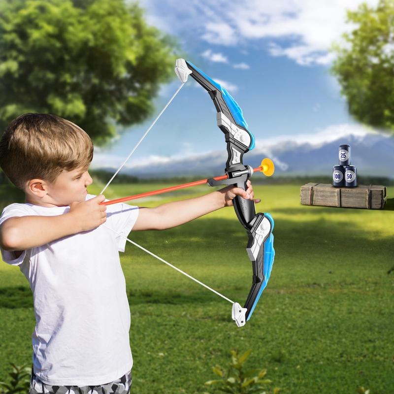 2 Pack Bow and Arrow  -Light Up Archery Toy Set -includes 2 Bows, 20 Suction Cup Arrows & 2 Quivers & Standing Target, Outdoor Toys