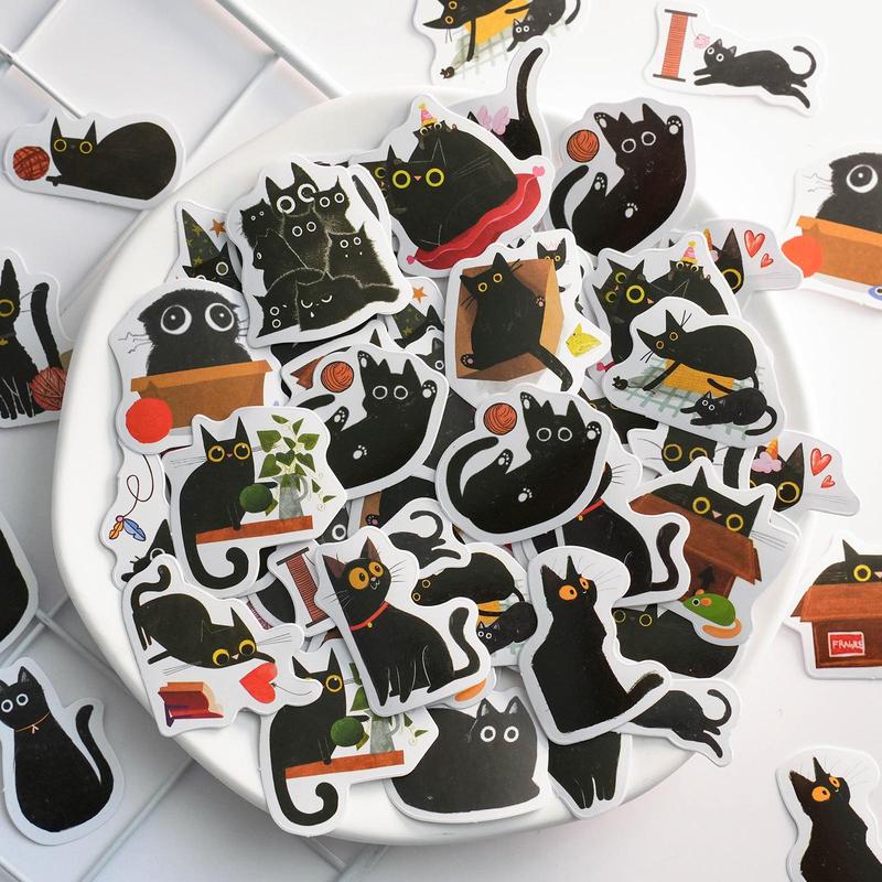 Cartoon Black Cat Decorative Stickers, 46 Sheets Cute Pet DIY Stickers for Handbook, Scrapbooking, Stationary Decor, Decoration Stickers Toys, Self-adhesive Naughty Stickers Gifts for Students