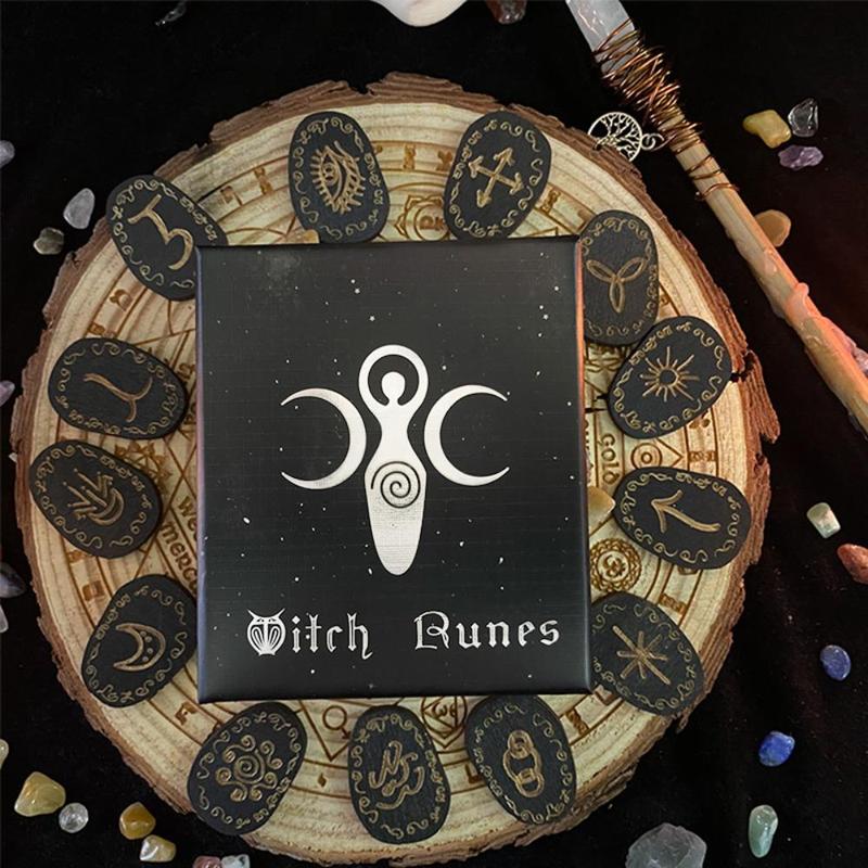 Witch Runes Set with Instructions and Special Rune Storage Bag, 14pcs set Divination Healing Alchemy Woodcut Meditation Altar Game Cards, Home Decor, Runes for Beginners, Gaming Gift, Room Decor, Boyfriend Gift