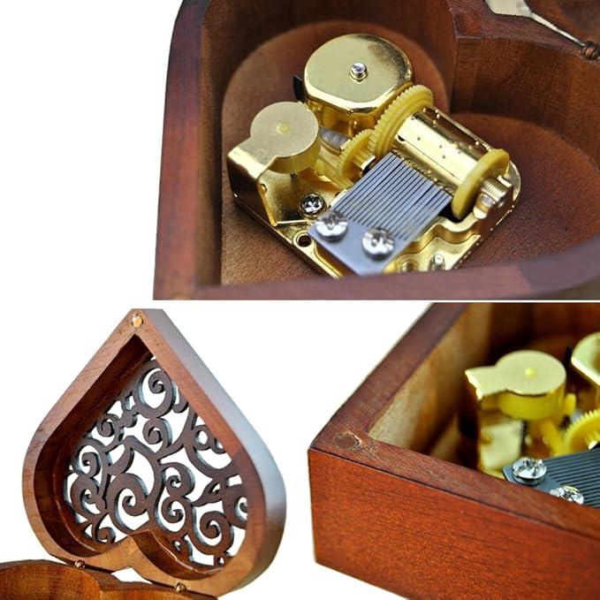 Antique Engraved Wooden Wind-Up Musical Box,Over The Rainbow Musical Box,with Gold-Plating Movement in,Heart-Shaped