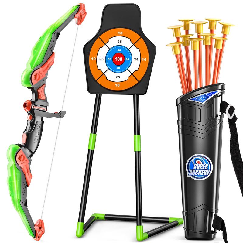 2 Pack Bow and Arrow  -Light Up Archery Toy Set -includes 2 Bows, 20 Suction Cup Arrows & 2 Quivers & Standing Target, Outdoor Toys