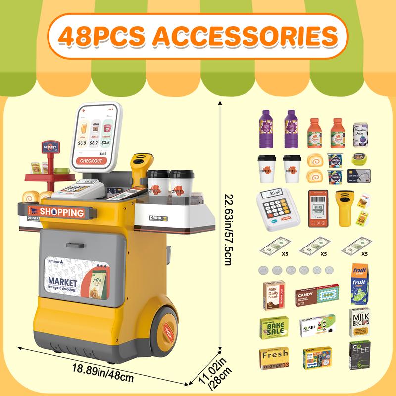 deAO Register Playset,48PCS Store Supermarket Playset Pretend Play Register Toy, Grocery Game Food Set and Play Food