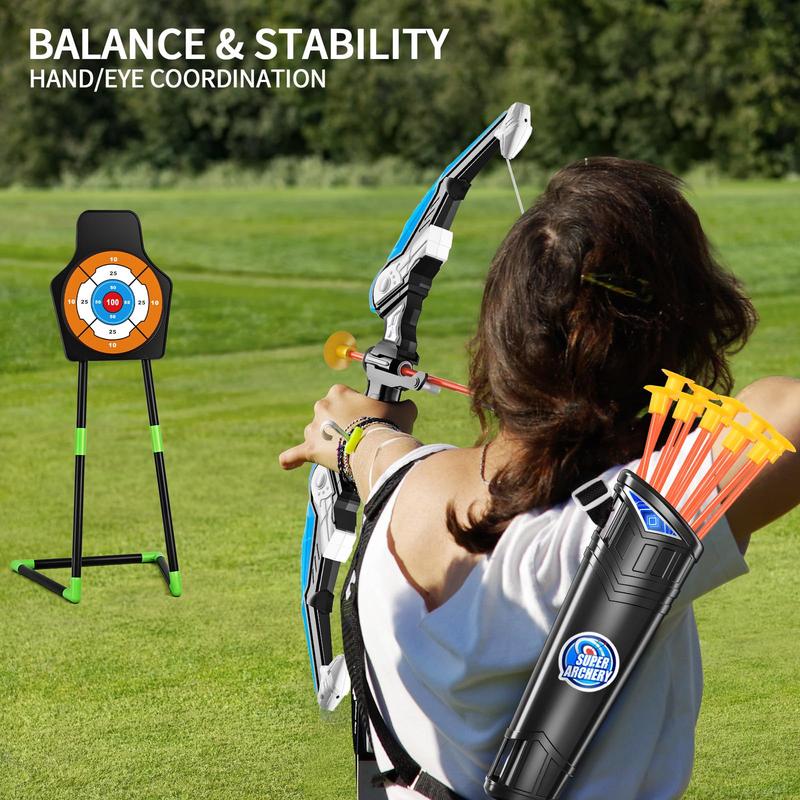 2 Pack Bow and Arrow  -Light Up Archery Toy Set -includes 2 Bows, 20 Suction Cup Arrows & 2 Quivers & Standing Target, Outdoor Toys