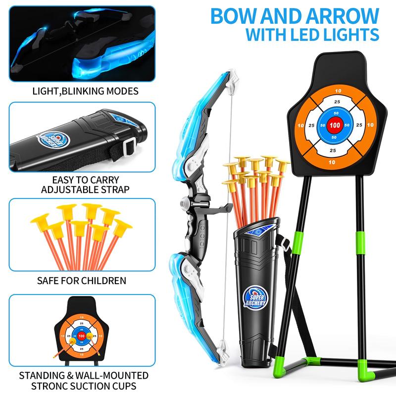 2 Pack Bow and Arrow  -Light Up Archery Toy Set -includes 2 Bows, 20 Suction Cup Arrows & 2 Quivers & Standing Target, Outdoor Toys