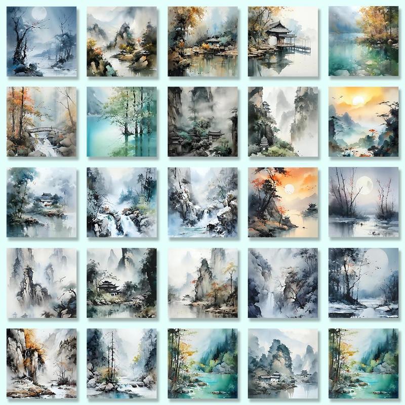 Watercolor Landscape Pattern Sticker, 54pcs set Waterproof Self Adhesive DIY Sticker, Decor Sticker for Gift Greeting Card Water Bottle Laptop Phone