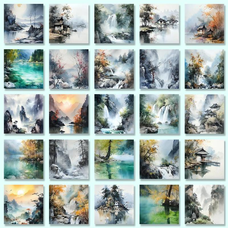 Watercolor Landscape Pattern Sticker, 54pcs set Waterproof Self Adhesive DIY Sticker, Decor Sticker for Gift Greeting Card Water Bottle Laptop Phone