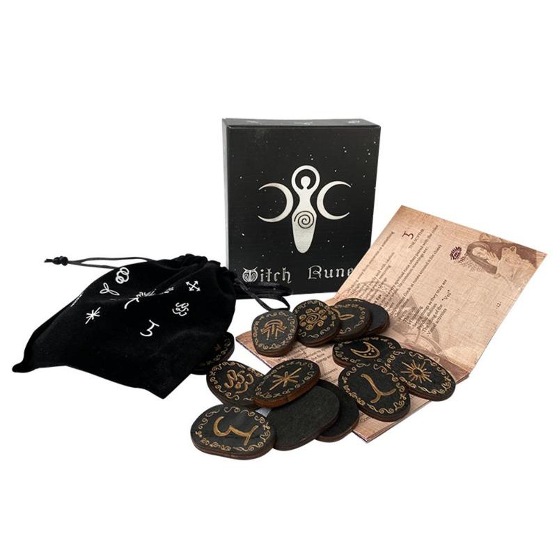 Witch Runes Set with Instructions and Special Rune Storage Bag, 14pcs set Divination Healing Alchemy Woodcut Meditation Altar Game Cards, Home Decor, Runes for Beginners, Gaming Gift, Room Decor, Boyfriend Gift