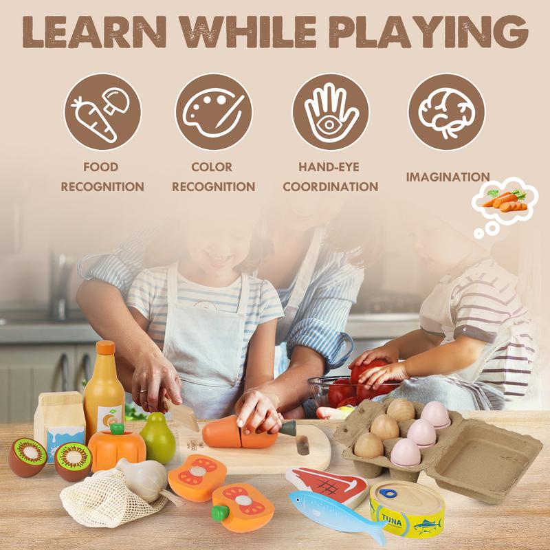 Wooden Pretend Play Food, Wooeden Breakfast Food, Play Food Sets with Shopping Bag for Kids Kitchen, Fake Food Pretend Play for Kids, Realistic Food Playset Cutting Fruit Bread Egg Bag, Role Playing Toys for Kids playset