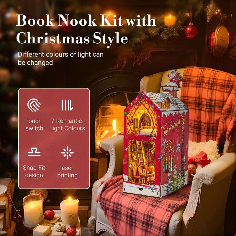 [BLACKFRIDAYDEALS]Marycele Christmas Book Nook Kit for Adults Teens, DIY Miniature House Kits for Boys Girls, 3D Puzzle Wooden Bookend Decor with 7 Colours Lighting, New Year Christmas Birthday Gifts for Women Men