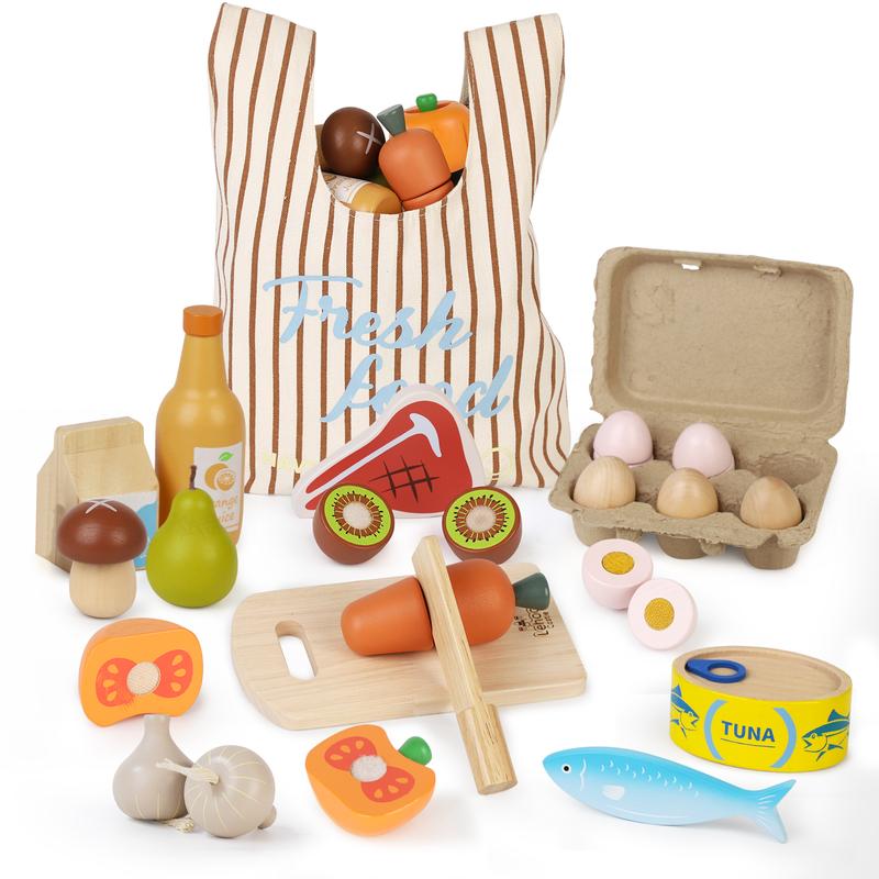 Wooden Pretend Play Food, Wooeden Breakfast Food, Play Food Sets with Shopping Bag for Kids Kitchen, Fake Food Pretend Play for Kids, Realistic Food Playset Cutting Fruit Bread Egg Bag, Role Playing Toys for Kids playset