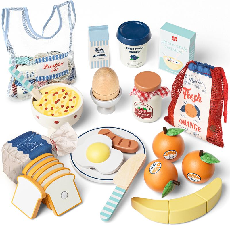 Wooden Pretend Play Food, Wooeden Breakfast Food, Play Food Sets with Shopping Bag for Kids Kitchen, Fake Food Pretend Play for Kids, Realistic Food Playset Cutting Fruit Bread Egg Bag, Role Playing Toys for Kids playset