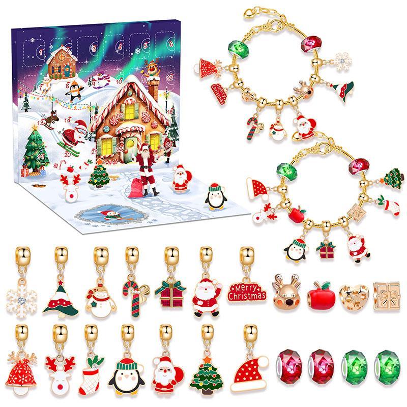 Christmas Themed Beading Kit, 24pcs set DIY Jewelry Making Kit with 22 Charms & 2 Chains, Festive Craft Set for Vacation Style Accessories