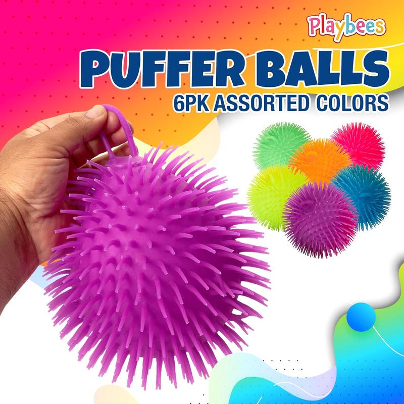 Soft Spiky Puffer Balls - 6-Pack - 5.5 Inch Sensory Stress Relief Toy - Assorted Colors