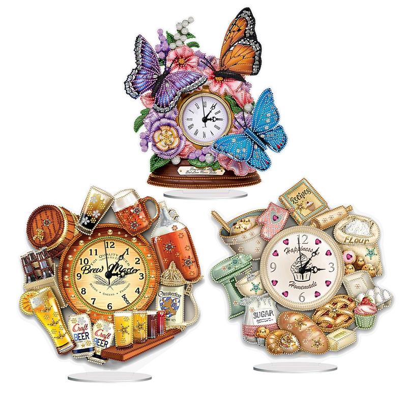 DIY Clock Diamond Art Acrylic Based Standing Clock 5D Diamond Painting Butterfly Roaster chicken Wine Baking Bread Art Craft for Home Decor 1234606