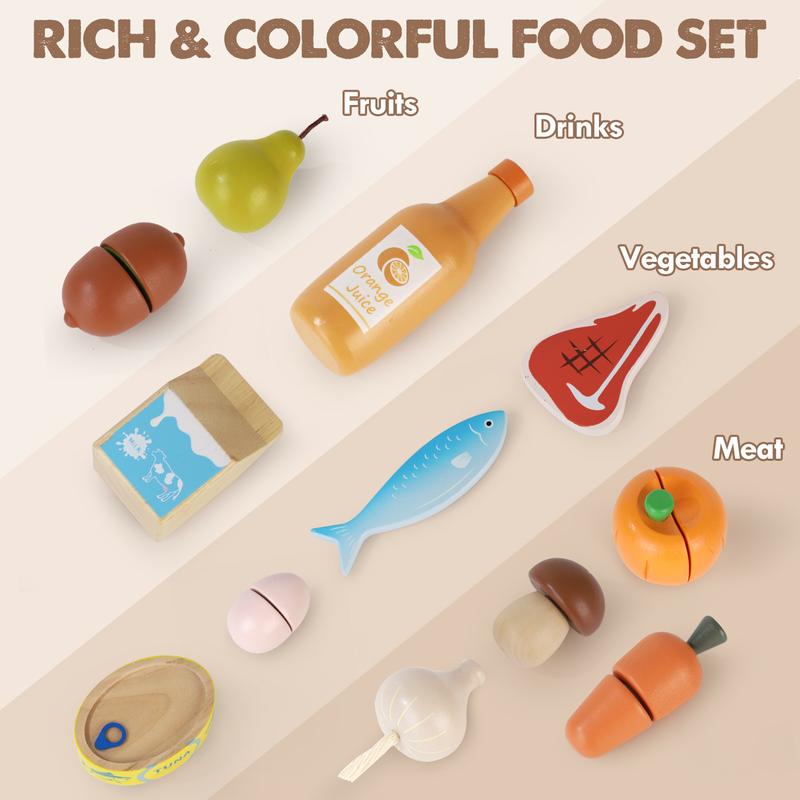 Wooden Pretend Play Food, Wooeden Breakfast Food, Play Food Sets with Shopping Bag for Kids Kitchen, Fake Food Pretend Play for Kids, Realistic Food Playset Cutting Fruit Bread Egg Bag, Role Playing Toys for Kids playset