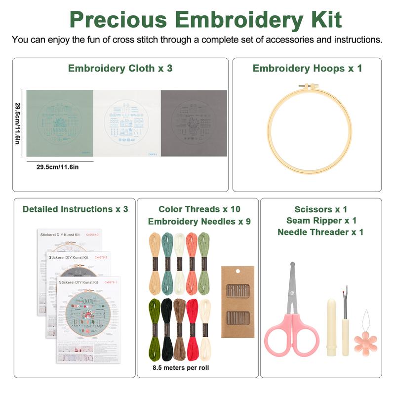 3 Sets Embroidery kit for Beginners - 33 Different Stitches Cross Stitch Kits,DIY Embroidery Suture Practice Kit,Art Craft Kit For Christmas Gift