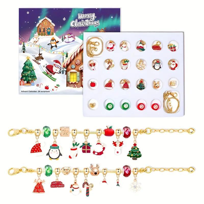 Christmas Themed Beading Kit, 24pcs set DIY Jewelry Making Kit with 22 Charms & 2 Chains, Festive Craft Set for Vacation Style Accessories