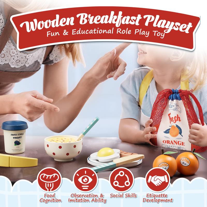 Wooden Pretend Play Food, Wooeden Breakfast Food, Play Food Sets with Shopping Bag for Kids Kitchen, Fake Food Pretend Play for Kids, Realistic Food Playset Cutting Fruit Bread Egg Bag, Role Playing Toys for Kids playset