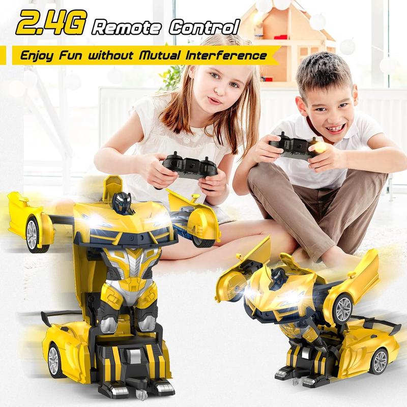 Remote Control CarTransform Robot RC Cars with Cool LED Headlights, 2.4Ghz Toys Car with 360 Degree Rotation and One-Button Deformation, Christmas Birthday Gifts for Boys Girls(Yellow)