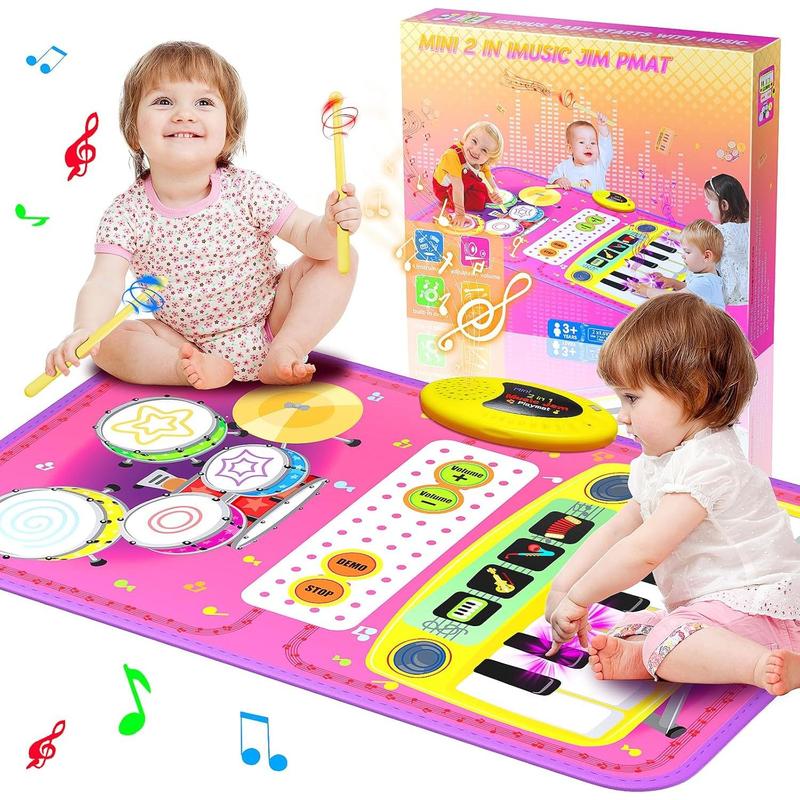 2-in-1 Musical Mat Toys for 1 2 3 4 5 Year Old, Piano Keyboard & Drum Set with 2 Drum Sticks, Early Educational Musical Learning Toys Birthday for 1 2 3 4 5 Year Old Boys & Girls, Blue