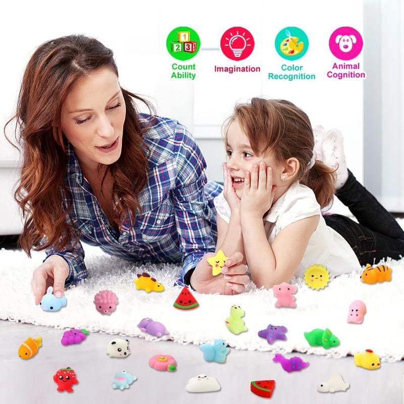 Squishies Squishy Toy 24pcs Party Favors for Kids Mochi Squishy Toy moji Kids Mini Kawaii squishies Mochi Stress Reliever Anxiety Toys Easter Basket Stuffers fillers with Storage Box