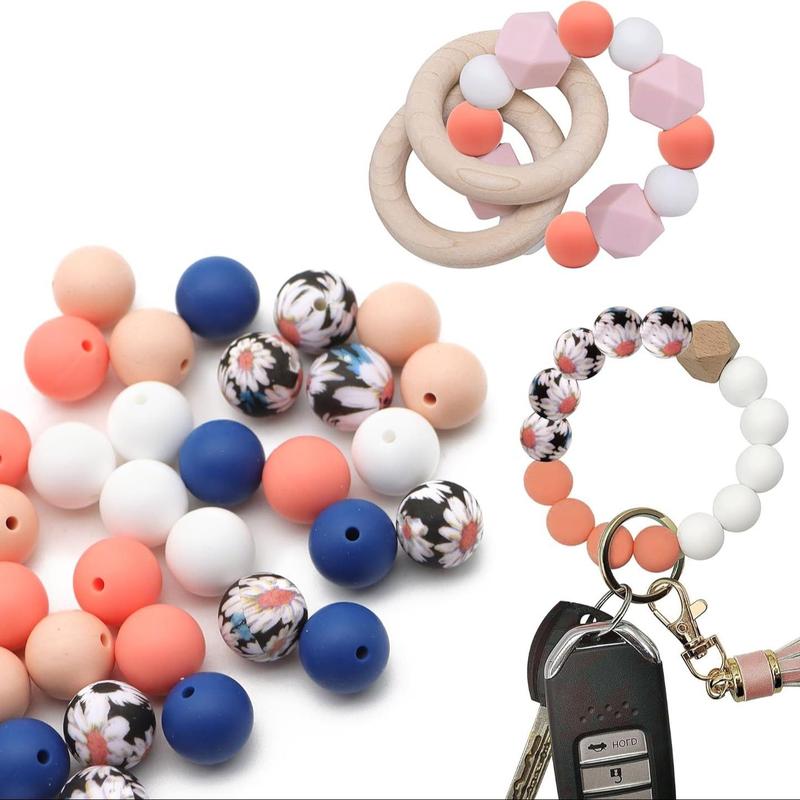 Flower Pattern & Plain Silicone Bead, 50pcs Mixed Color Loose Round Beads, DIY Jewelry Making Supplies for Necklace, Bracelet, Keychain, Phone Chain