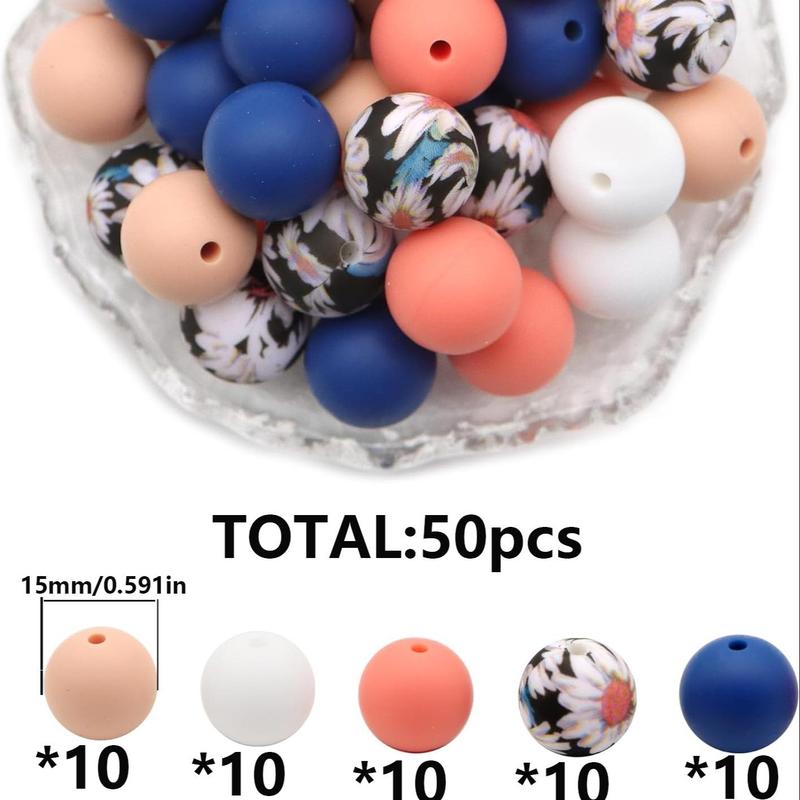 Flower Pattern & Plain Silicone Bead, 50pcs Mixed Color Loose Round Beads, DIY Jewelry Making Supplies for Necklace, Bracelet, Keychain, Phone Chain