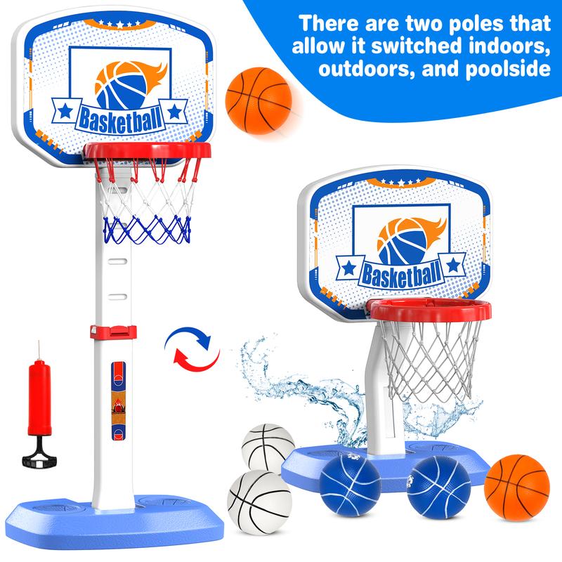 M SANMERSEN Pool Basketball Hoop - Adjustable Height Basketball Hoop for Indoor and Outdoor Poolside Play, Pool Toys Summer Water Games for Kids and Adults - Includes 6 Balls, 2 Nets and Pump indoor basketball