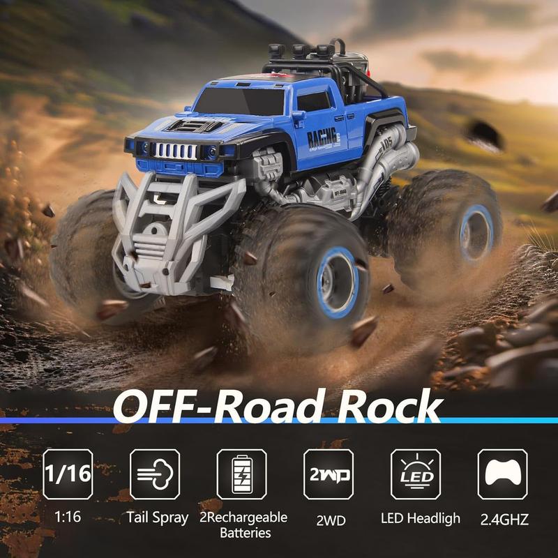 Remote Control Monster Truck 2.4GHz Remote Control Car, RC Monster Truck 2 Battery 80 Mins+,1:16 Scale Indoor Outdoor All Terrain Spray Remote Monster Trucks for Boys 4-7 8-12 and Girls