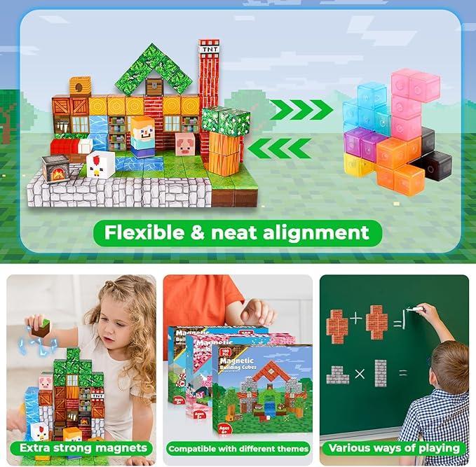 Magnetic Blocks-100PCS Magnetic BuildingBlocks Magnetic Tiles Stacking, Build MineMagnet World Set, STEM Montessori SensoryToys magnet blocks