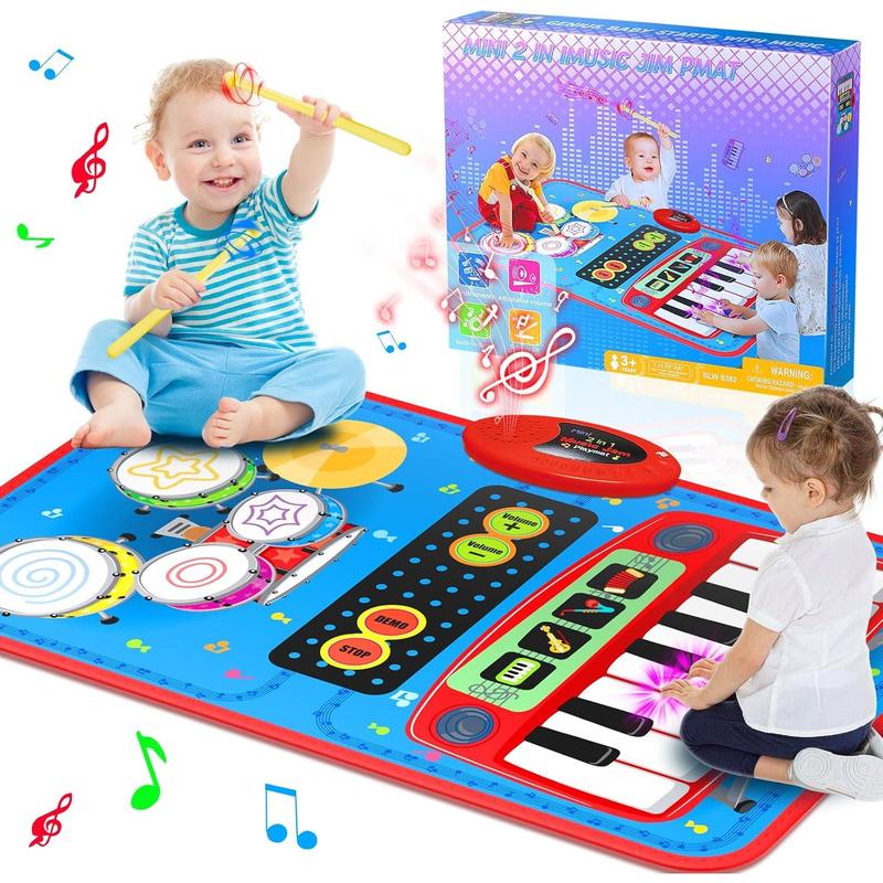 2-in-1 Musical Mat Toys for 1 2 3 4 5 Year Old, Piano Keyboard & Drum Set with 2 Drum Sticks, Early Educational Musical Learning Toys Birthday for 1 2 3 4 5 Year Old Boys & Girls, Blue