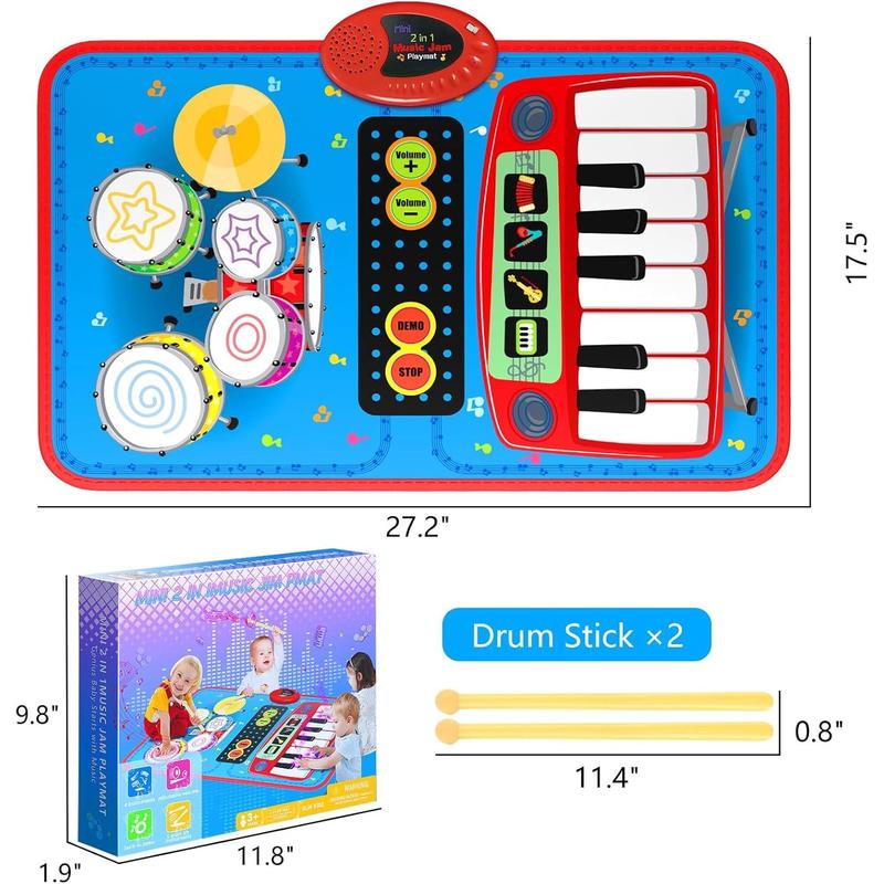 2-in-1 Musical Mat Toys for 1 2 3 4 5 Year Old, Piano Keyboard & Drum Set with 2 Drum Sticks, Early Educational Musical Learning Toys Birthday for 1 2 3 4 5 Year Old Boys & Girls, Blue