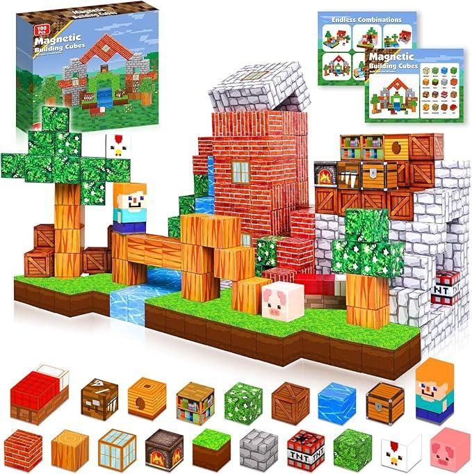 Magnetic Blocks-100PCS Magnetic BuildingBlocks Magnetic Tiles Stacking, Build MineMagnet World Set, STEM Montessori SensoryToys magnet blocks