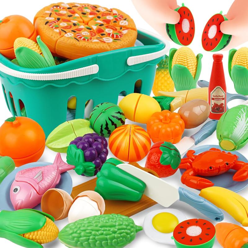 70 PCS Cutting Play Food Toys, Kitchen Pretend Fruits and Vegetables with Mini Knife and Plate Accessories Toys, Halloween Christmas Gifts