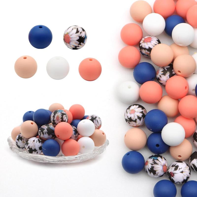 Flower Pattern & Plain Silicone Bead, 50pcs Mixed Color Loose Round Beads, DIY Jewelry Making Supplies for Necklace, Bracelet, Keychain, Phone Chain