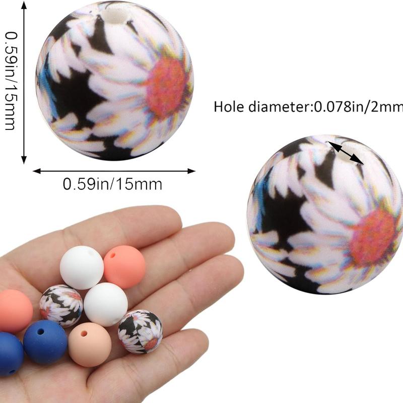 Flower Pattern & Plain Silicone Bead, 50pcs Mixed Color Loose Round Beads, DIY Jewelry Making Supplies for Necklace, Bracelet, Keychain, Phone Chain