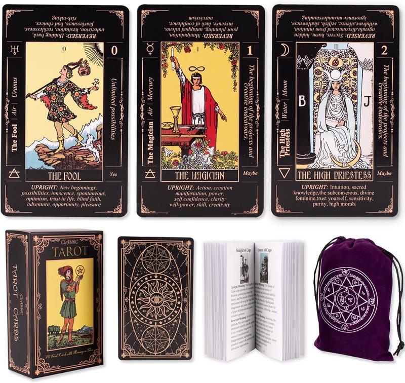 Tarot Cards for Beginners, Classic Tarot Cards with Meanings on Them, Durable Tarot Cards with Guide Book for Beginners (Black)