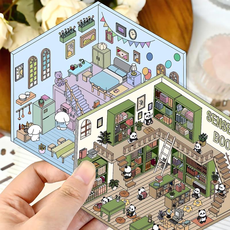 8 Sets Cute DIY 3D House Stickers, Fun Scene Make Stickers Cartoon 3D Supermarket, Coffee Shop, Restaurant, Bookstore Scene Stickers for Adult Kids Scrapbooking Crafts Party Decorations Supplies