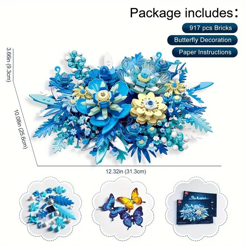 Blue flowers adult building set, centerpieces (917PCS), plant collection crafts for table or wall decoration, unique home decor gifts and exquisite gift boxes