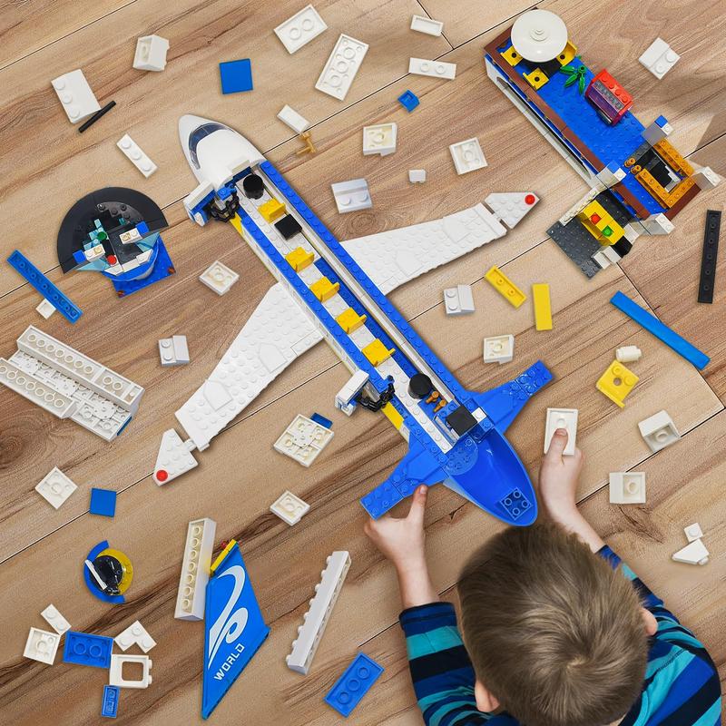 838 Piece Airport Passenger Terminal Building Blocks Set-6IN1 Airplane Building Blocks Toy, Creative Building Projectswith Shuttle Bus,Baggage Truck